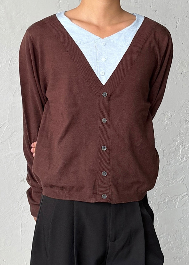 Coffee Button False Two Pieces Patchwork Sweater V Neck