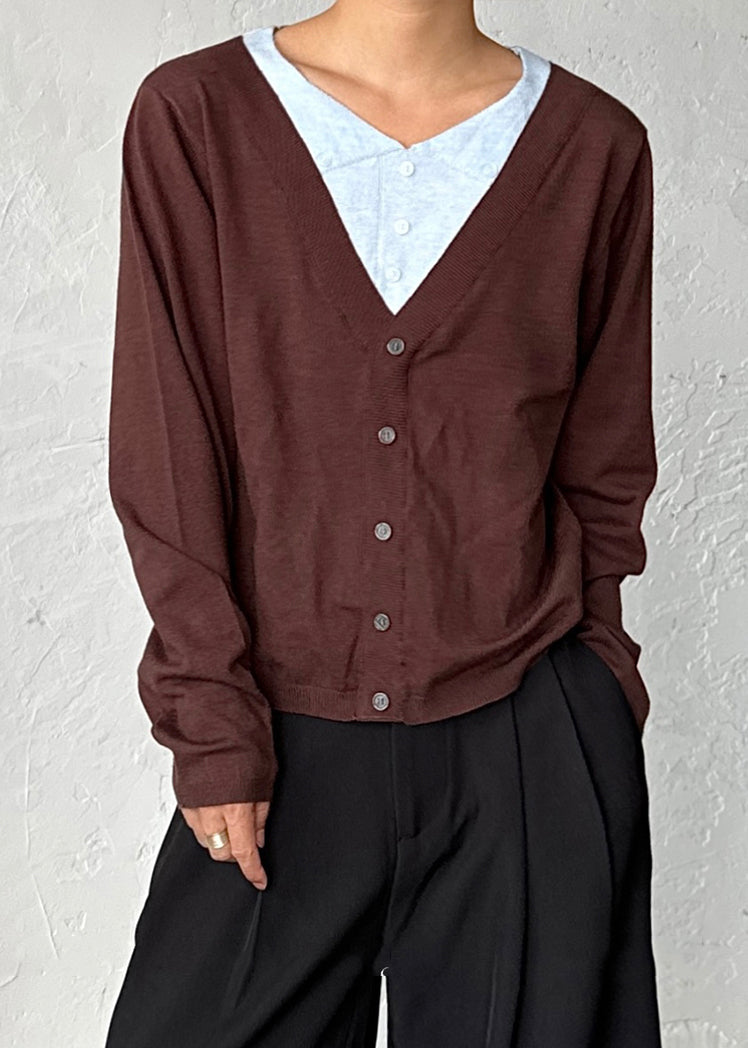 Coffee Button False Two Pieces Patchwork Sweater V Neck