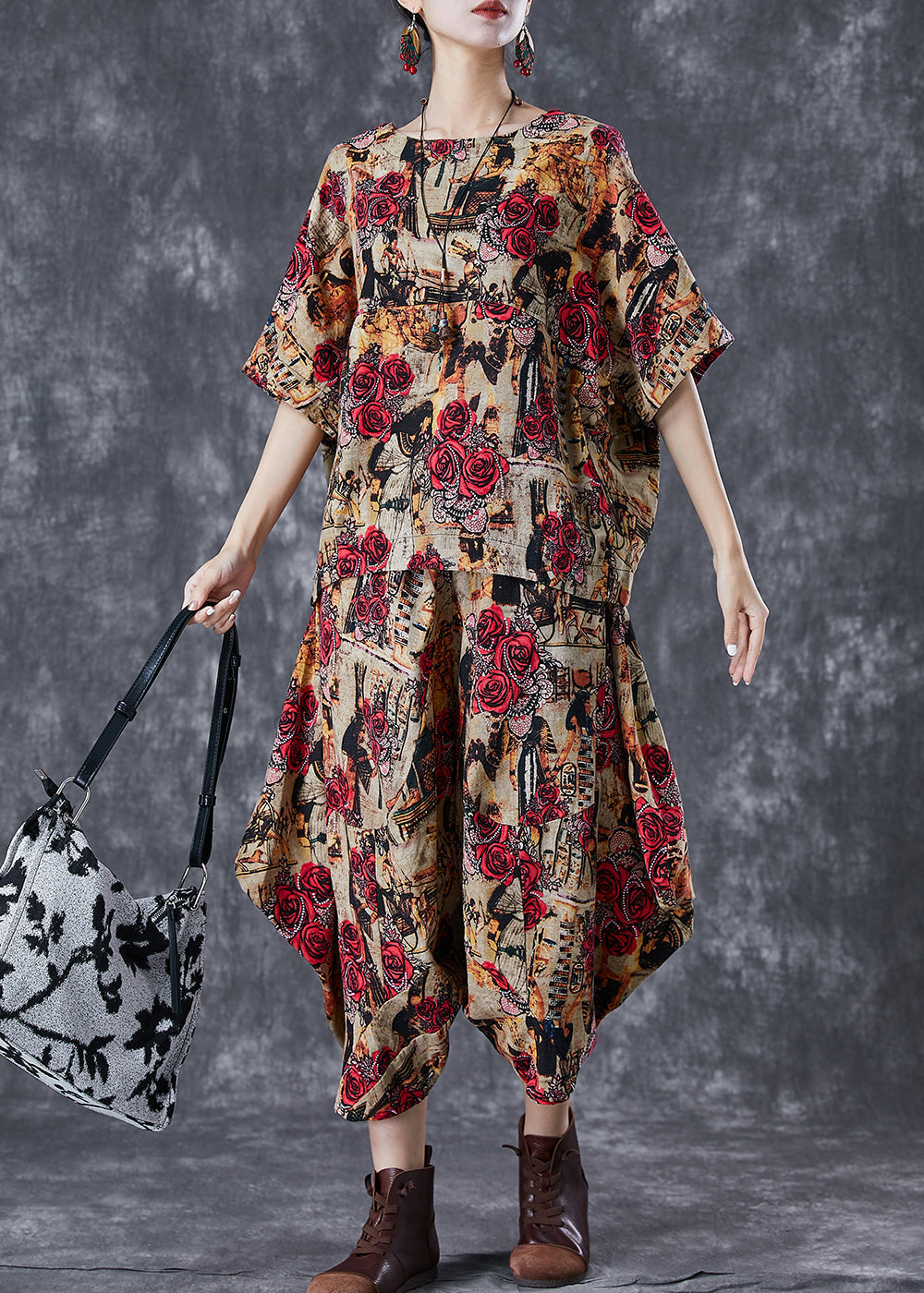 Coffee Cotton Two Piece Suit Set Asymmetrical Oversized Summer