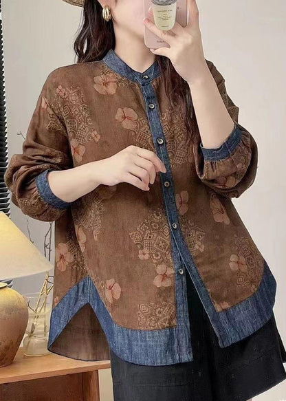 Coffee O-neck Button Tops Long Sleeve