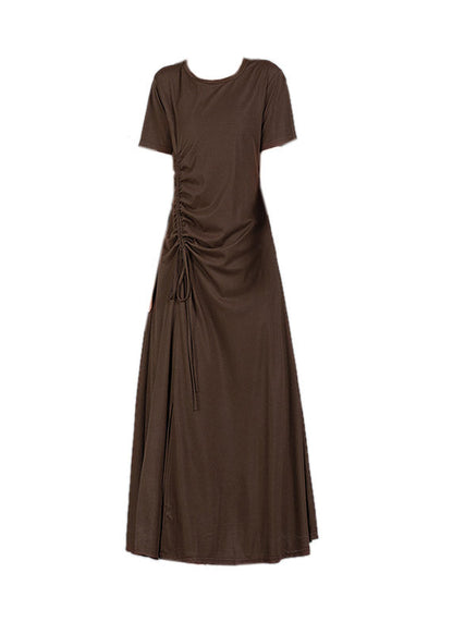 Chocolate O-neck Cinched Cotton Long Dress Short Sleeve