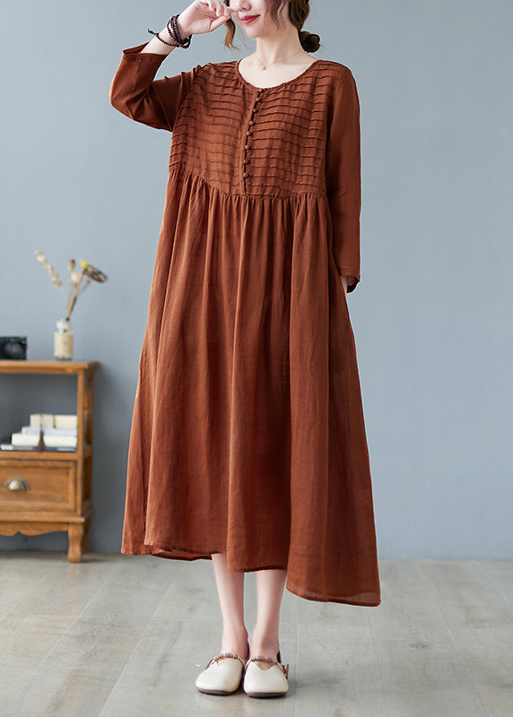 Coffee O-neck Patchwork Button Long Dress Summer