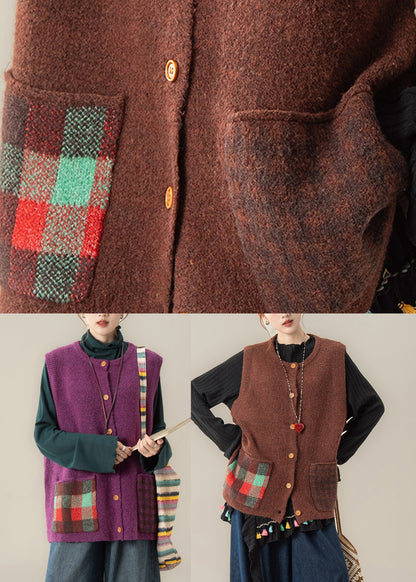 Coffee O-neck Pockets Thick Cotton Knit Sweaters Sleeveless