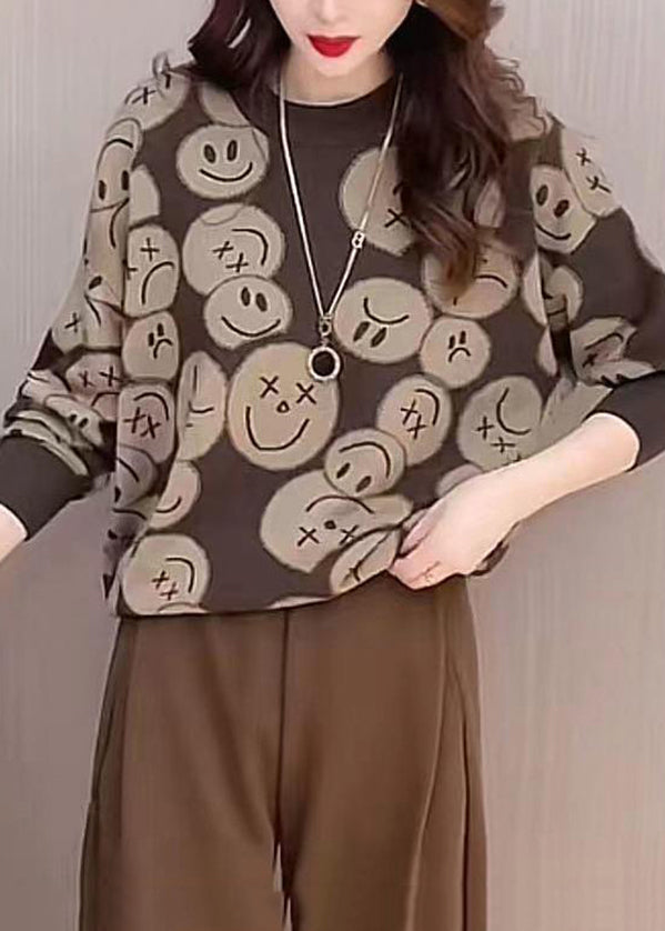 Chocolate O-neck Print Knit Sweaters Fall