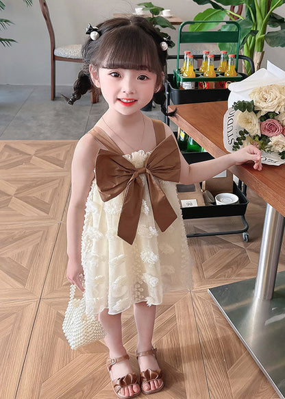 Coffee Patchwork Tulle Kids Dress Ruffled Bow Sleeveless
