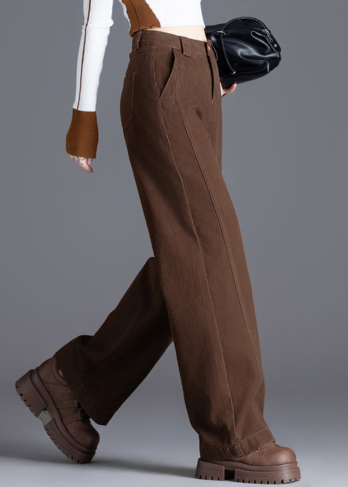 Coffee Pockets Denim Pants High Waist Spring