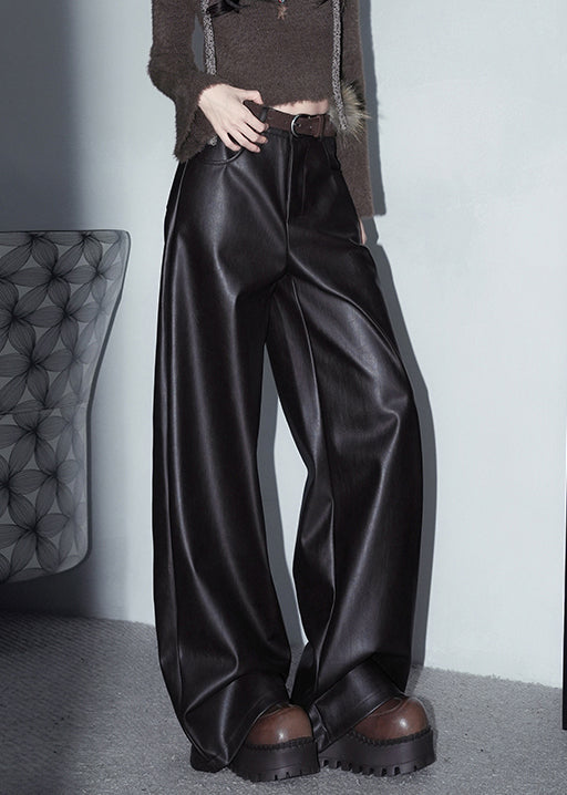 Coffee Pockets Faux Leather Pants High Waist