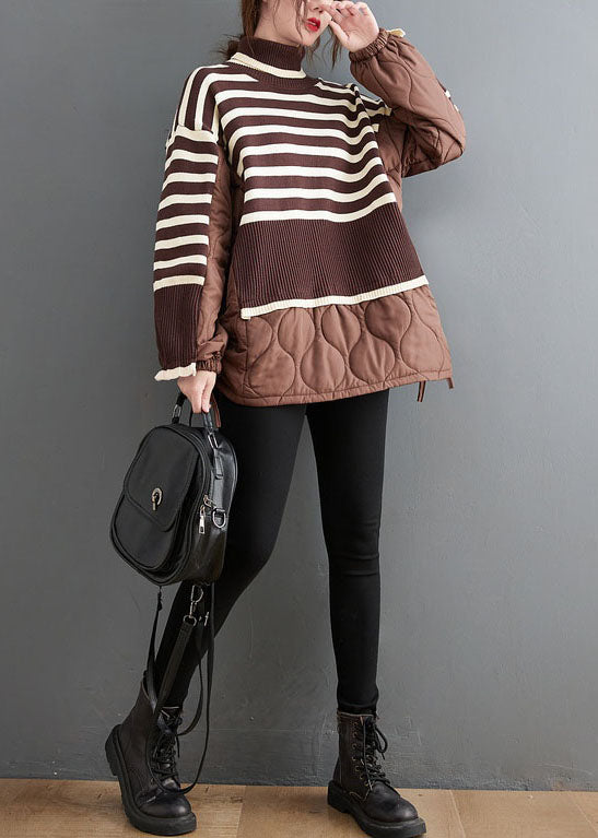 Chocolate Striped Knit Patchwork Fine Cotton Filled Drawstring Winter Sweaters Coat