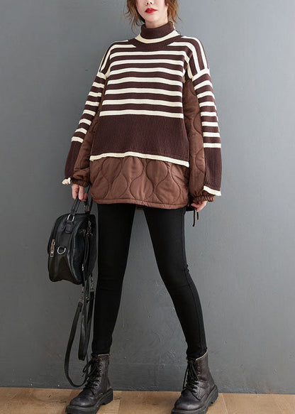 Chocolate Striped Knit Patchwork Fine Cotton Filled Drawstring Winter Sweaters Coat