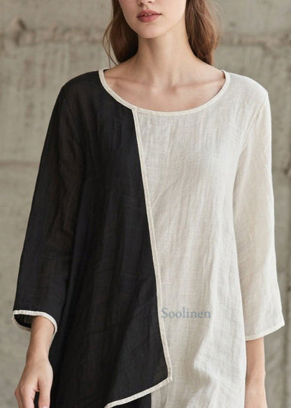 Colorblock Patchwork Cotton Dress Asymmetrical Bracelet Sleeve