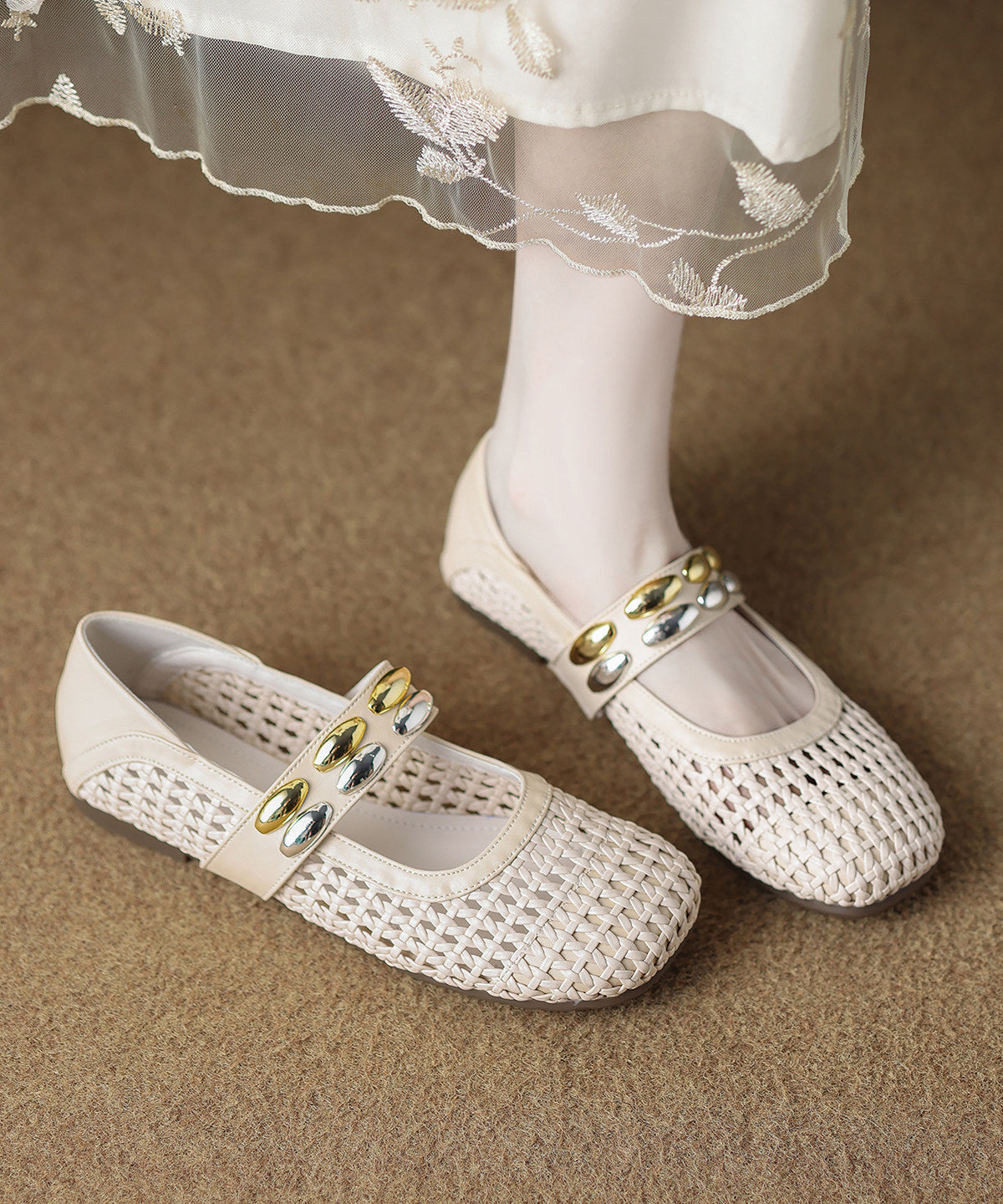 Comfortable Lace Up Flat Shoes Orange Hollow Out Knit Fabric
