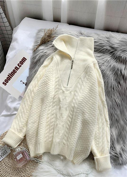 Comfy Light Green Knitted Blouse High Neck Zippered Knit Tops