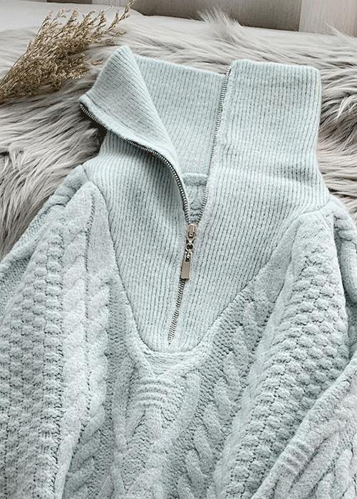 Comfy Light Green Knitted Blouse High Neck Zippered Knit Tops