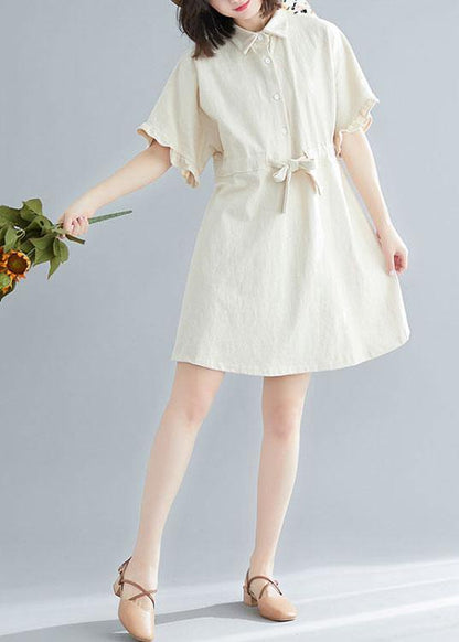 Comfy Beige Tie Waist Cotton Button Summer Day Dress
