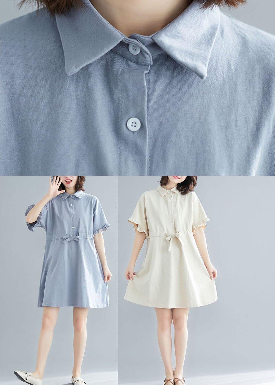 Comfy Beige Tie Waist Cotton Button Summer Day Dress