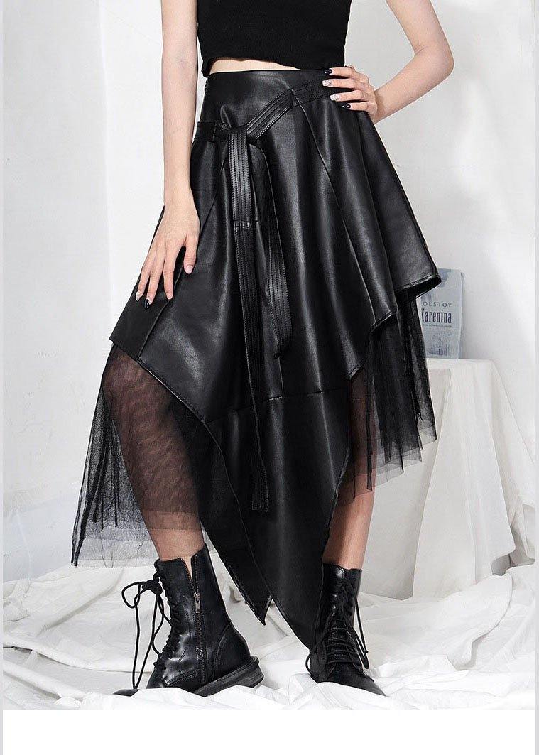 Comfy Black Patchwork Tulle Asymmetrical Design Pu Skirts