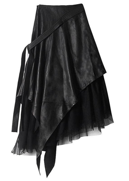 Comfy Black Patchwork Tulle Asymmetrical Design Pu Skirts