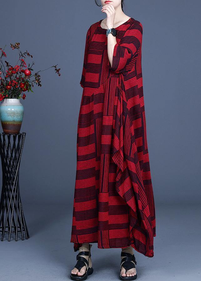 Comfy Red Striped Asymmetrical Design Maxi Summer Cotton Linen Dress