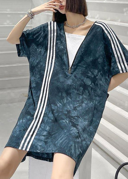 Comfy Tie Dye Blue Zippered V Neck Dresses Summer