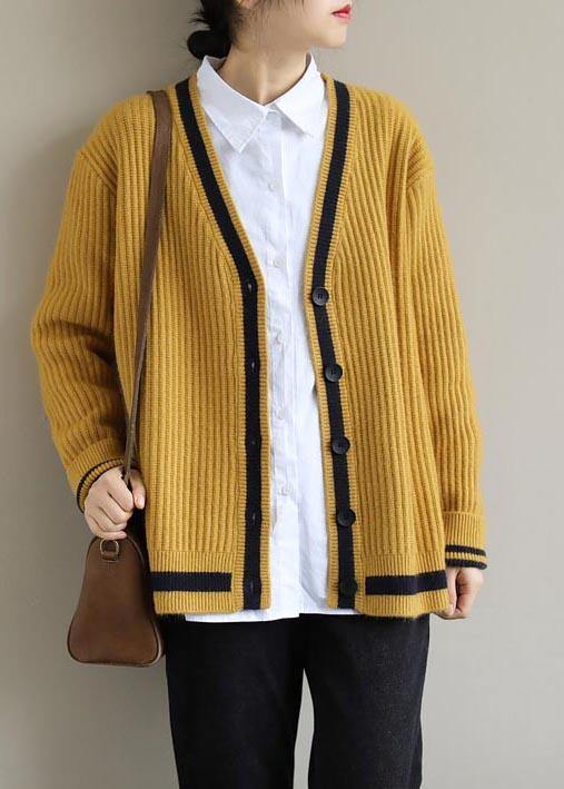 Comfy Yellow Knit Blouse V Neck Button Down Spring Knitwear