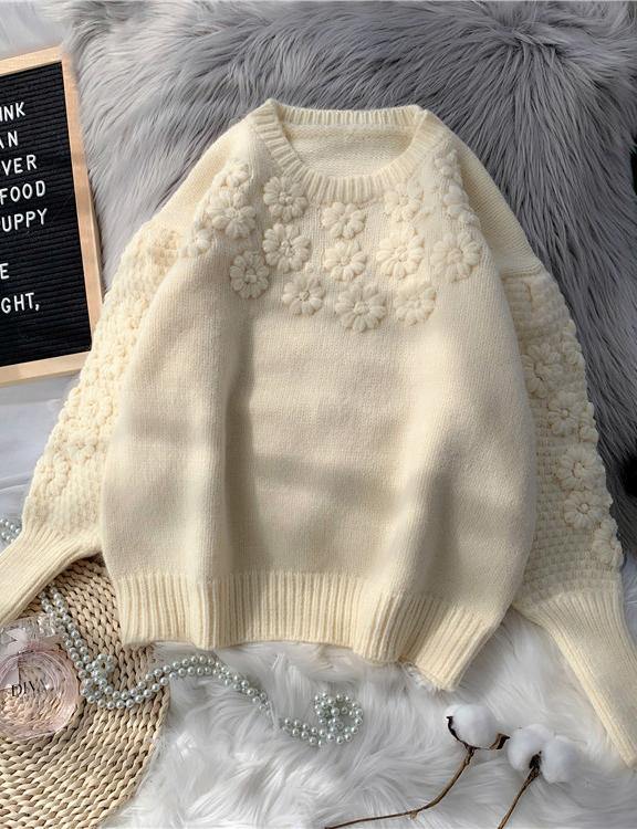 Comfy Beige Knitted Top O Neck Embroidery Oversize Knit Tops