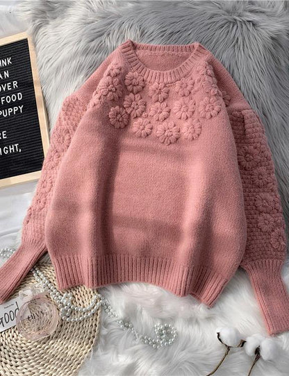 Comfy Beige Knitted Top O Neck Embroidery Oversize Knit Tops