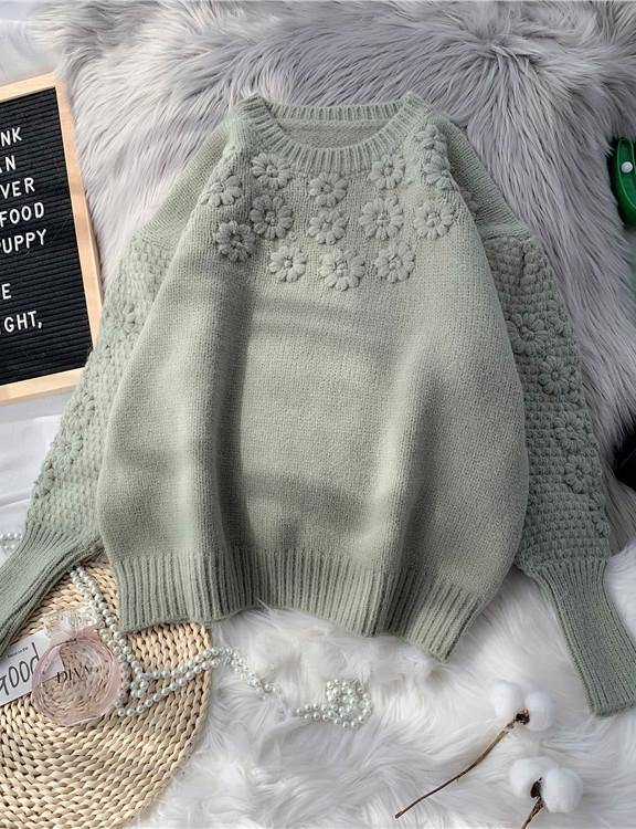 Comfy Beige Knitted Top O Neck Embroidery Oversize Knit Tops
