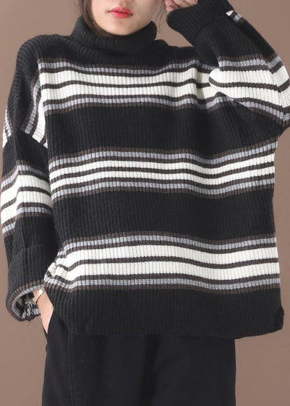 Comfy Black Striped Clothes Oversized Winter Sweaters High Neck