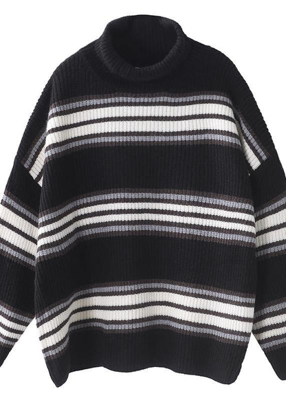 Comfy Black Striped Clothes Oversized Winter Sweaters High Neck