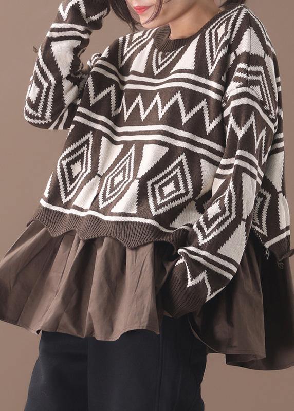 Comfy Brown Sweater Blouse Patchwork Geometry Knit Tops