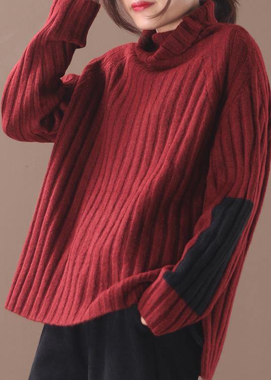 Comfy Burgundy Knit Blouse Patchwork Sleeve High Neck Knit Tops