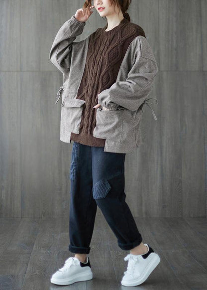 Comfy Fall Chocolate Knitted Blouse O Neck Patchwork Knitted T Shirt