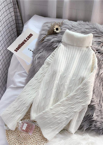 Comfy High Neck Color Knitted Blouse Loose Fitting Thick Knit Blouse