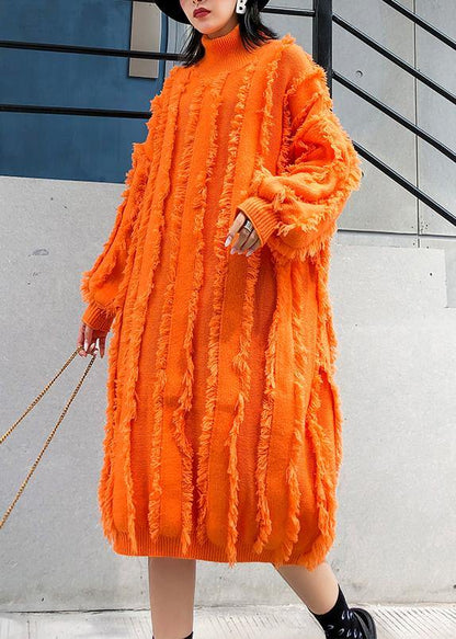 Comfy High Neck Tassel Sweater Fall Weather Upcycle Orange Baggy Knitwear