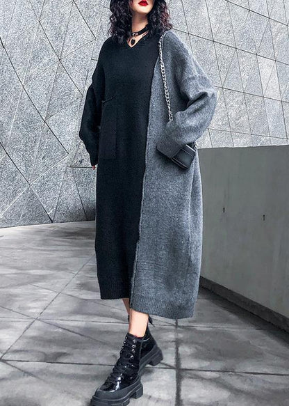 Comfy Hooded Patchwork Sweater Outfits Largo Black Sweater Dresses