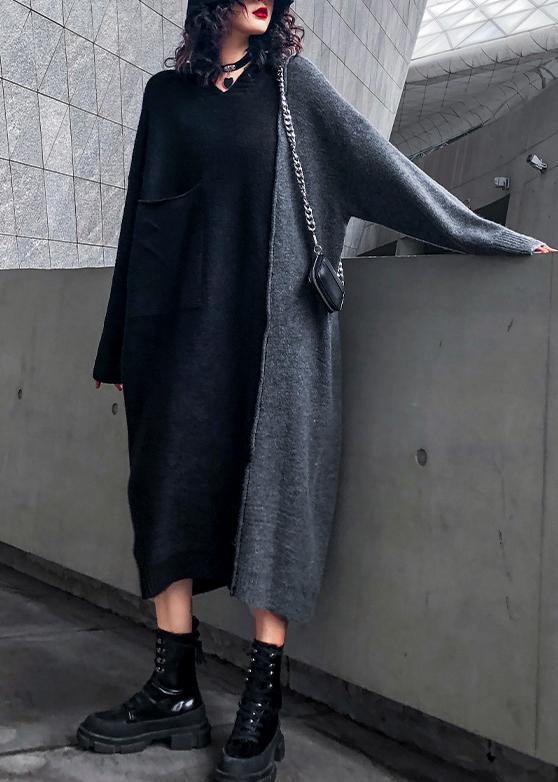 Comfy Hooded Patchwork Sweater Outfits Largo Black Sweater Dresses