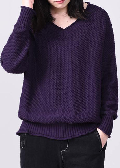 Comfy Long Sleeve Sweater Loose Fitting Purple Knit Tops V Neck