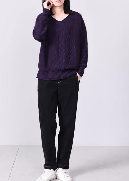 Comfy Long Sleeve Sweater Loose Fitting Purple Knit Tops V Neck