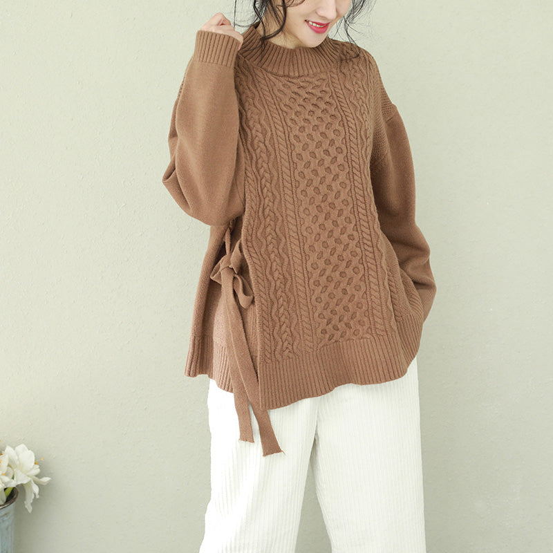Comfy O Neck Bow Sweater Tops Brown Big Knitwear