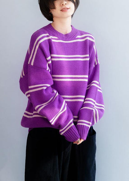 Comfy O Neck Purple Striped Knitwear Loose Fitting Thick Sweater Blouse