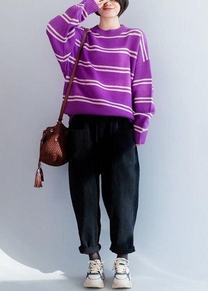 Comfy O Neck Purple Striped Knitwear Loose Fitting Thick Sweater Blouse