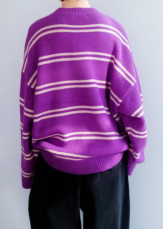 Comfy O Neck Purple Striped Knitwear Loose Fitting Thick Sweater Blouse