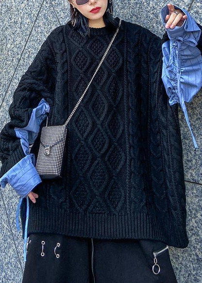 Comfy Patchwork Black Knit Sweat Tops Clothing O Neck Sweater Tops