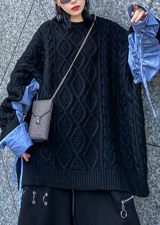Comfy Patchwork Black Knit Sweat Tops Clothing O Neck Sweater Tops