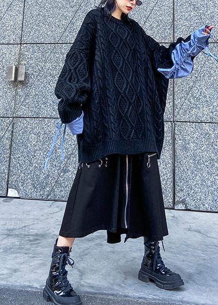Comfy Patchwork Black Knit Sweat Tops Clothing O Neck Sweater Tops