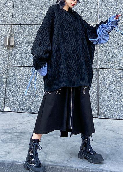 Comfy Patchwork Black Knit Sweat Tops Clothing O Neck Sweater Tops