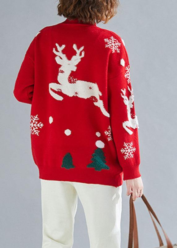 Comfy Spring Red Embroidery Knit Tops O Neck Sweater Tops