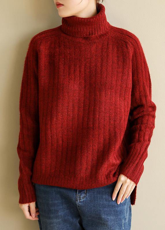 Comfy Spring Red Knit Tops Fall High Neck Knit Blouse