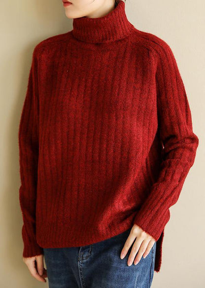 Comfy Spring Red Knit Tops Fall High Neck Knit Blouse