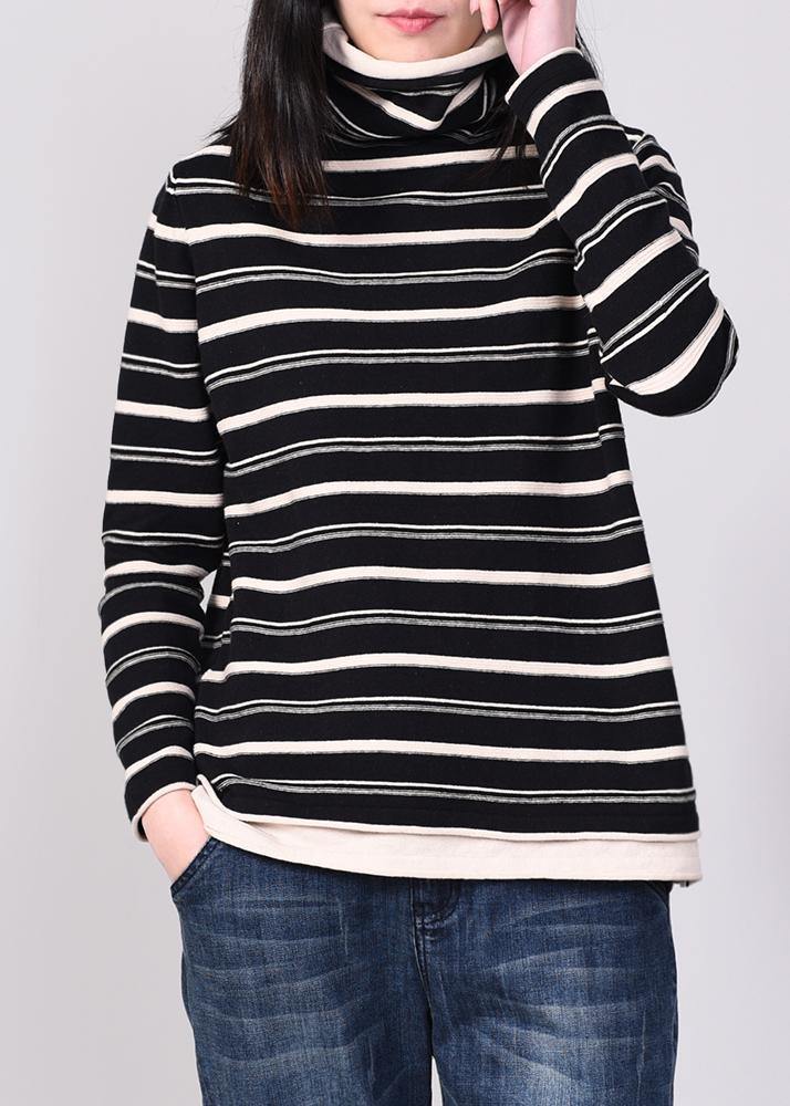 Comfy Striped Knitted Tops Oversize High Neck Sweater Black Autumn